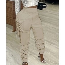 Cottonlab Kadın Yüksek Bel Beli Lastikli Kargo Cep Detaylı Gabardin Pantolon