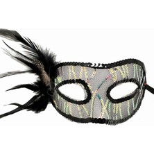 Skygo Siyah Renk Yandan Tüylü Pul Payet İşlemeli Parti Maskesi 23x12 cm