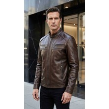 VERRA Kahve Erkek Deri Mont - Slim Fit Hakim Yaka Fermuarlı Biker Ceket