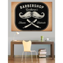 Artmeg Siyah Beyaz Bıyık ve Ustra Logolu Retro Berber Afişi Dekoratif Kanvas - Mdf Ahşap Tablo