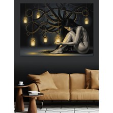Artmeg Ahtapot Kollarından Sarkan Işık Kavanozları ve Çıplak Kadın Koyu Fon Soyut Sanat Dekoratif Kanvas - Mdf Ahşap Tablo