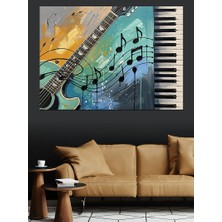 Tablo Mega Müzik Notaları, Piyano Tuşları ve Gitar  Dekoratif Kanvas - Mdf Ahşap Tablo