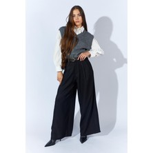 Tena Kadın Siyah Beli Kalın Kemer Palazzo Pantolon