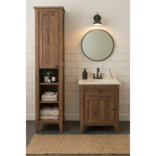 Banyo Dolabı Seti-Ayaklı Tek Kapaklı-Doğal Ahşap Rustik Ceviz- 60 cm Alt Dolap-50 cm Aynalı- Boy Dolabı