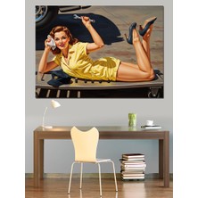 Artmeg Sarı Elbiseli Oto Tamirci Pin-Up Kadın Dekoratif Kanvas - Mdf Ahşap Tablo