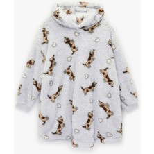 Koton Köpek Baskılı Uzun Kollu Kapüşonlu Oversize Peluş Sabahlık