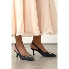 Gökhan Talay Liselotte Esnek Yumuşak Kaymaz Taban (4 Cm) Siyah Süet  Açık Lastikli V Toka Kadın Topuklu Ayakkabı