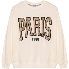 Ziley  Quzu Paris Nakış Detaylı Sweatshirt Ekru