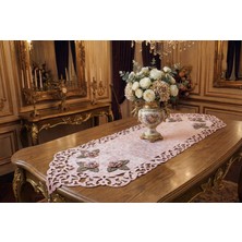 Finezza Mina Kadife Kumaş Lazer Kesim Çiçek Süslemeli Pudra/Gümüş Runner 40*140 cm - 718