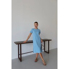 OEY Fashions Modal Yırtmaçlı Elbise Mavi Pt