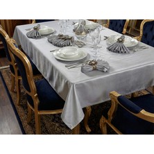 Finezza Kristal Monoray Kumaş Açık Gri Masa Örtüsü ve Pudra Çiçekli Peçeteli Sofra Takımı 8 Kişilik Dikdörtgen 160x220 cm 17 Parça - 727