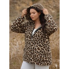 ModaSehle Kadın Büyük Beden Uzun Kollu Cepli Kapüşonlu Fermuarlı Peluş Hırka Ceket