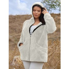 ModaSehle Kadın Büyük Beden Uzun Kollu Cepli Kapüşonlu Fermuarlı Peluş Hırka Ceket