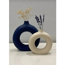 Derdenix Dekoratif Beton Mat Lacivert - Bej 2'li Halka Vazo Bohem Set