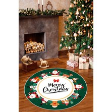 Pelura Halı Yeşil Merry Christmas Temalı Dijital Baskılı Yıkanabilir Kaymaz Taban Yuvarlak Halı