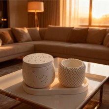 Ftrk Store Vanilya Kokulu Kapaklı Desenli Büyük Mum & Örgü Dokulu Modern Mum Seti – Oval Tepsi Dahil