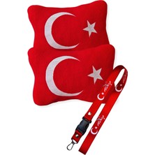 Tusba Market Türk Bayraklı Kırmızı Polar Araç Seyahat Boyun Yastığı 2’li Set & Oto Ayna Askısı
