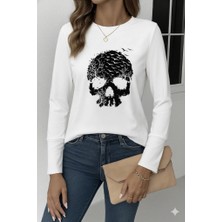 Cottonlab Kadın Uzun Kollu Bisiklet Yaka Kurukafa Desenli Viskon Bluz