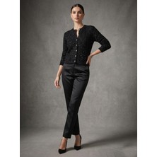 Qoolest Kadın Yünlü Siyah Işıltılı Payetli Bisiklet Yaka Metal Düğmeli Örgü Desenli Triko Hırka