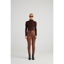 Holly Lolly Vegan Deri Kuşgözü Detaylı Likralı Gina Deri Pantolon Kahve