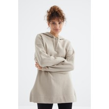 Tommy Life Koyu Bej Oversize Kapüşonlu Sweatshirt Tunik Kadın Reglan Kol Normal Kalınlık - 97242