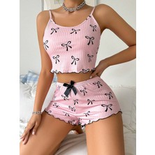 Pembe Fiyonklu Askılı Şortlu Kadın Pijama Takımı, Yumuşak Kumaş, Şık Detaylar,yazlık Kad�