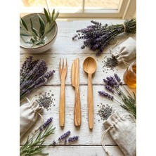 Doğal Ahşap 3'lü Sunum Seti - Kaşık Çatal Bıçak - Rustik Kahvaltı ve Peynir Tabağı Servis Takımı