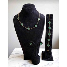 Güneş Takı Gold Yeşil Yonca Küpe Bileklik Kolye Seti 3lü Set