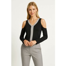 Mamayaga Kadın V Yaka Önden Parıltılı Şeritli Omzu Açık Uzun Kol Viskon Spor Şık Büyük Beden Curve Bluz