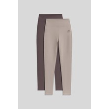 Tommy Life Slim Fit 2li Paket Kahverengi-Koyu Bej Kadın Tayt - 94011