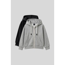 Fermuarlı Pamuklu 2li Paket Siyah-Gri Melanj Kız Çocuk Sweatshirt - 75149