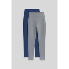 Slim Fit 2li Paket Indigo-Gri Melanj Kadın Kapri Tayt - 94011