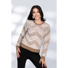 Newco Kadın Yuvarlak Yaka Rahat Kalıp Şık Desenli Tüylü Triko Kazak - Biskivi