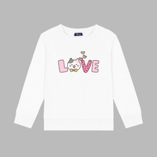 Mixxi Fashion Sevimli Kedi Love Baskılı 3 Iplik Bisiklet Yaka Kız Çocuk Sweatshirt  (4-13 Yaş)