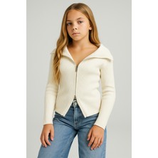 Newco Madonna Yaka Çift Fermuarlı Triko Kız Çocuk Kazak Hırka Standart Beden 10-16 Yaş - Ekru