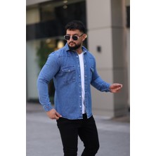 L-KOM Erkek Kot Gömlek Rahat Kalıp, Çift Cepli, Düğmeli Denim Gömlek
