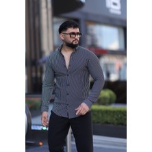 L-KOM Siyah Beyaz Çizgili Slim Fit Uzun Kol Erkek Gömlek - Modern Şık Stil