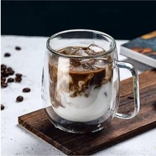 Özbience Çift Katlı 300ML Cam Fincan, Isı Yalıtımlı ve Kulplu Ev Ofis Bardak