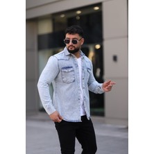 L-KOM Erkek Kot Gömlek Rahat Kalıp, Çift Cepli, Düğmeli Denim Gömlek