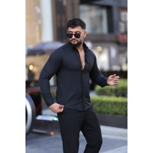 L-KOM Saklı Düğmeli Slim Fit Klasik Yaka Uzun Kol Pamuk Gömlek