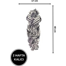 2 Hafta Kalıcı Büyük Boy Silah, Gül ve Karışık Figürlü Full Kol Dövme 17X48 cm