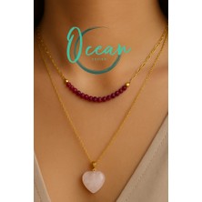 Ocean Desing El Yapımı Özel Tasarım Yakut ve Kalpli Pembe Kuvars Taşlı Gold Çelik Zincir Kolye Seti