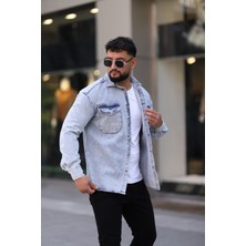 L-KOM Erkek Kot Gömlek Rahat Kalıp, Çift Cepli, Düğmeli Denim Gömlek