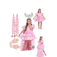 3b Kids Pembe Arkası Çıtçıtlı Kabarık Kat Kat Katlı Mezuniyet Abiye Elbise Gelinlik Pembe Bubble Saç Taç Seti