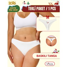 Alya Underwear Yeni Yıl Temalı Baskılı String, Beyaz Tanga Külot  (Kiss Me Baskılı) Tekli Paket, S