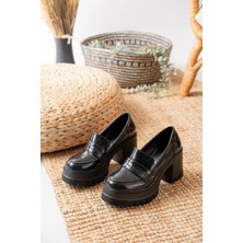 Asmi Shoes Kadın Loafer Model Tokasız 8 cm Siyah Rugan Topuklu Ayakkabı Kalın Taban Suni Deri