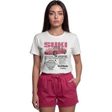 Color Luxe ''suki S2000'' Pembe Spor Araba Baskılı %100 Pamuk Rahat Kesim Premium Kadın Tişört