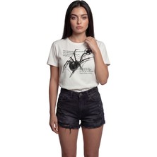 Color Luxe ''black Widow'' Kara Dul Örümcek Baskılı %100 Pamuk Rahat Kesim Premium Kadın Tişört