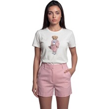 Color Luxe ''pink Jumpsuit Bear'' Şık Ayıcık Baskılı %100 Pamuk Rahat Kesim Premium Kadın Tişört