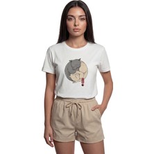 Color Luxe ''yin Yang Cats'' Japon Tarzı Kedi Baskılı %100 Pamuk Rahat Kesim Premium Kadın Tişört